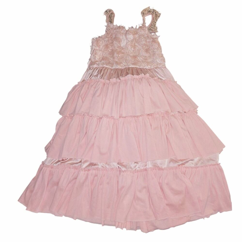 Oopsie Daisy Pink Rose Flower Gown Girls Ruffled Tiered Floral Dress SZ 10